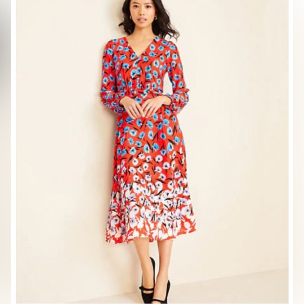 Ann Taylor Floral Red Poppyseed print Midi Dress 00P NWOT